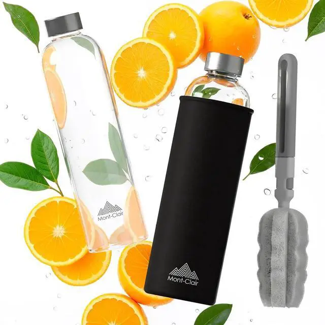Main image of Mont-Clair Kristal Borosilicate Glass Water Bottle 18 oz with Neoprene Sleeve - Leak Proof + BPA Free - Hot & Cold Drinks - Ideal for Adult, Kids, Travel, Sports, Gym, Running - Black
