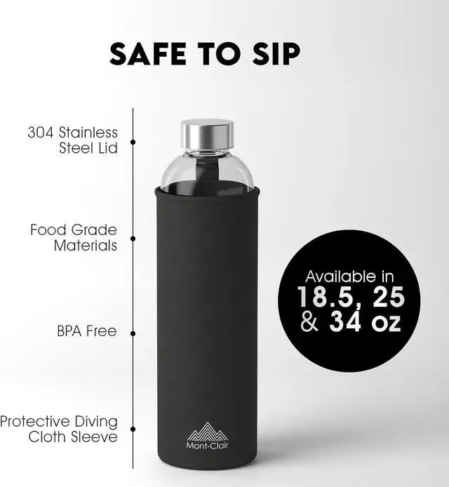 Alt view image 2 of 7 - Mont-Clair Kristal Borosilicate Glass Water Bottle 18 oz with Neoprene Sleeve - Leak Proof + BPA Free - Hot & Cold Drinks - Ideal for Adult, Kids, Travel, Sports, Gym, Running - Black