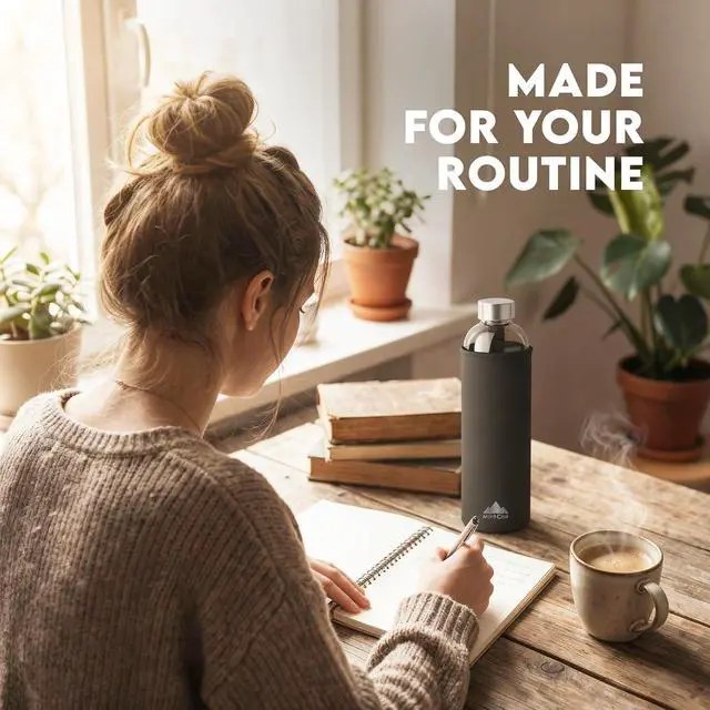 Alt view image 5 of 7 - Mont-Clair Kristal Borosilicate Glass Water Bottle 18 oz with Neoprene Sleeve - Leak Proof + BPA Free - Hot & Cold Drinks - Ideal for Adult, Kids, Travel, Sports, Gym, Running - Black