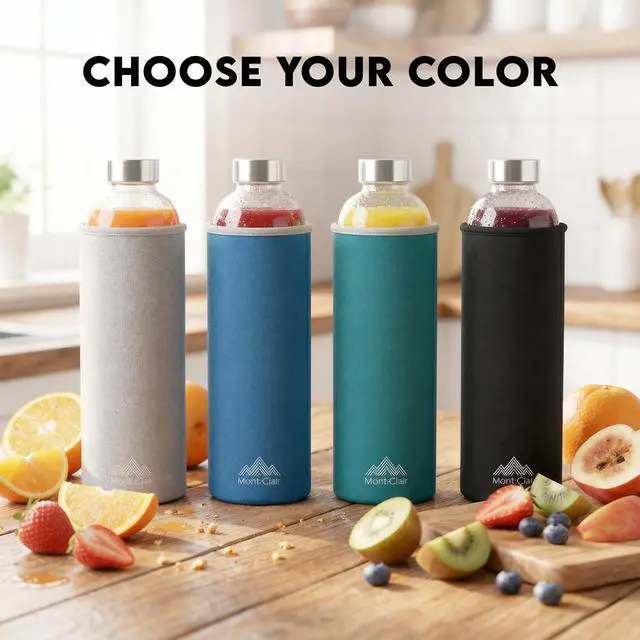 Alt view image 6 of 7 - Mont-Clair Kristal Borosilicate Glass Water Bottle 18 oz with Neoprene Sleeve - Leak Proof + BPA Free - Hot & Cold Drinks - Ideal for Adult, Kids, Travel, Sports, Gym, Running - Black