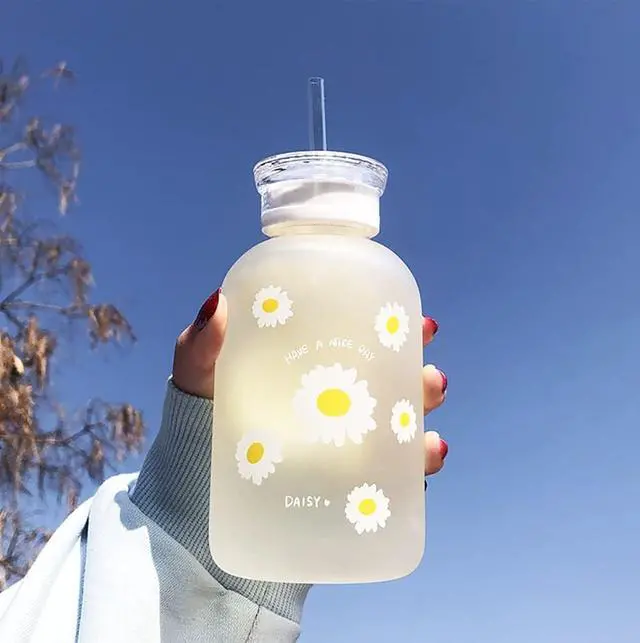 Alt view image 2 of 6 - 480ml Milk Juice Cute Water Bottle with Scale 2 Lids Little daisy Matte Portable Transparent Water Cup Glass Bottles Creative Handy Cup (1Pcs Six Flowers)