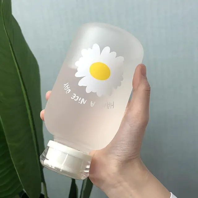 Alt view image 3 of 6 - 480ml Milk Juice Cute Water Bottle with Scale 2 Lids Little daisy Matte Portable Transparent Water Cup Glass Bottles Creative Handy Cup (1Pcs Six Flowers)
