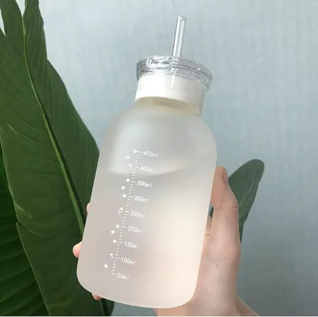 Alt view image 4 of 6 - 480ml Milk Juice Cute Water Bottle with Scale 2 Lids Little daisy Matte Portable Transparent Water Cup Glass Bottles Creative Handy Cup (1Pcs Six Flowers)