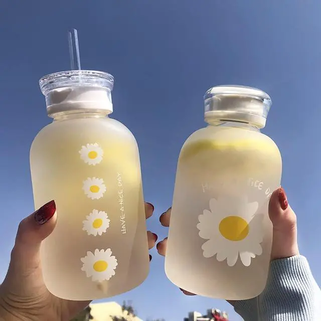 Alt view image 5 of 6 - 480ml Milk Juice Cute Water Bottle with Scale 2 Lids Little daisy Matte Portable Transparent Water Cup Glass Bottles Creative Handy Cup (1Pcs Six Flowers)
