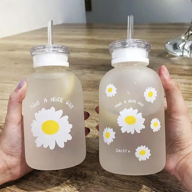 Alt view image 6 of 6 - 480ml Milk Juice Cute Water Bottle with Scale 2 Lids Little daisy Matte Portable Transparent Water Cup Glass Bottles Creative Handy Cup (1Pcs Six Flowers)