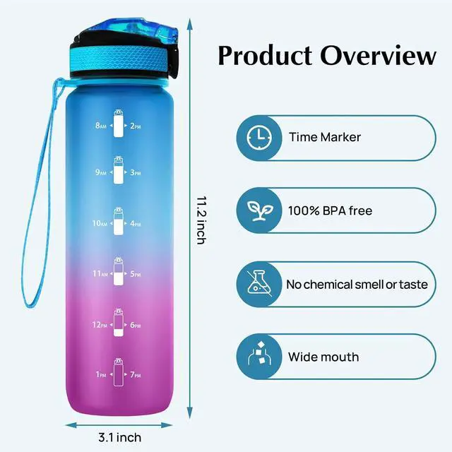Alt view image 2 of 7 - EYQ 32oz Water Bottle with Straw, Time Marker, Blue Purple | Blue Purple Tritan, BPA Free, Time Marker, Leakproof Lock Lid, Wide Mouth, for Gym, School, Office and Travel