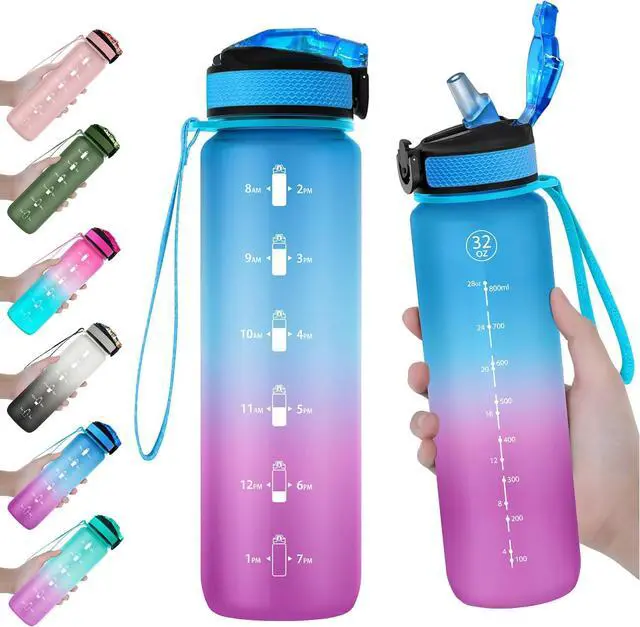 Main image of EYQ 32oz Water Bottle with Straw, Time Marker, Blue Purple | Blue Purple Tritan, BPA Free, Time Marker, Leakproof Lock Lid, Wide Mouth, for Gym, School, Office and Travel