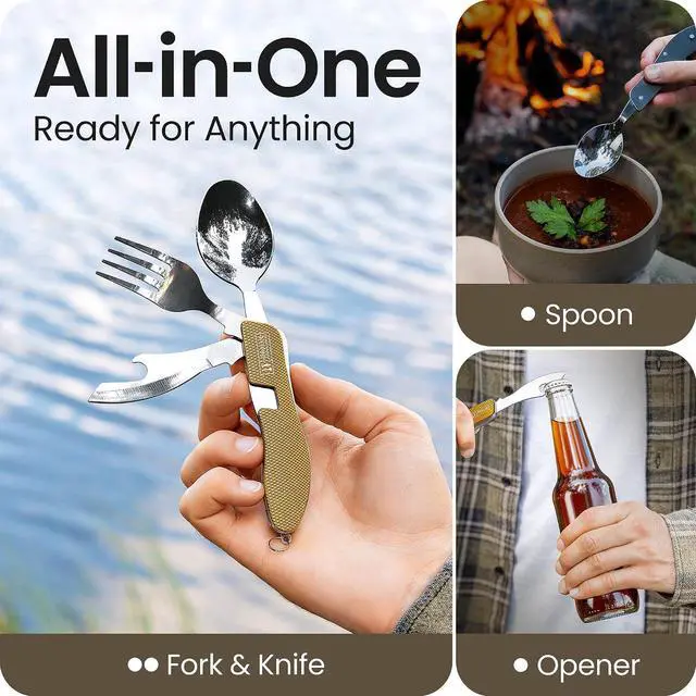 Alt view image 2 of 7 - Orblue 4-in-1 Camping Eating Utensils, 2-Pack - Portable Spoon, Fork, Knife & Bottle Opener Combo Set - Stainless Steel Flatware with Detachable Fork - Travel, Backpacking Cutlery Multitool, Yellow