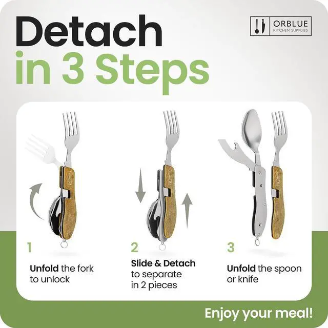 Alt view image 3 of 7 - Orblue 4-in-1 Camping Eating Utensils, 2-Pack - Portable Spoon, Fork, Knife & Bottle Opener Combo Set - Stainless Steel Flatware with Detachable Fork - Travel, Backpacking Cutlery Multitool, Yellow