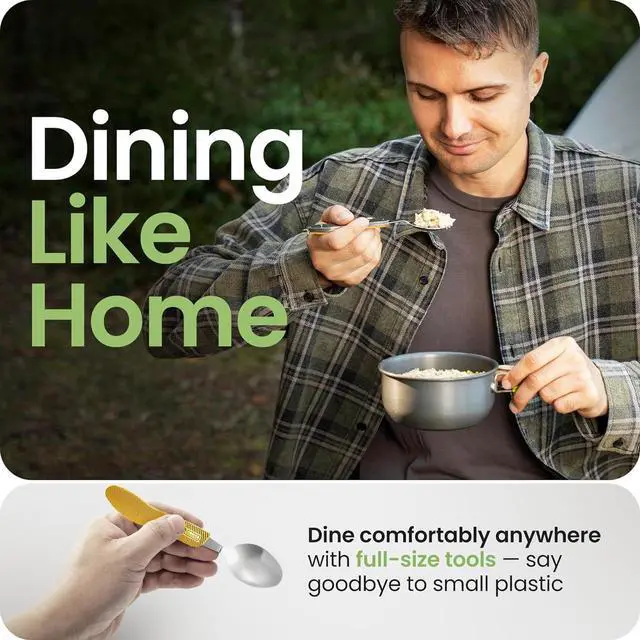 Alt view image 5 of 7 - Orblue 4-in-1 Camping Eating Utensils, 2-Pack - Portable Spoon, Fork, Knife & Bottle Opener Combo Set - Stainless Steel Flatware with Detachable Fork - Travel, Backpacking Cutlery Multitool, Yellow