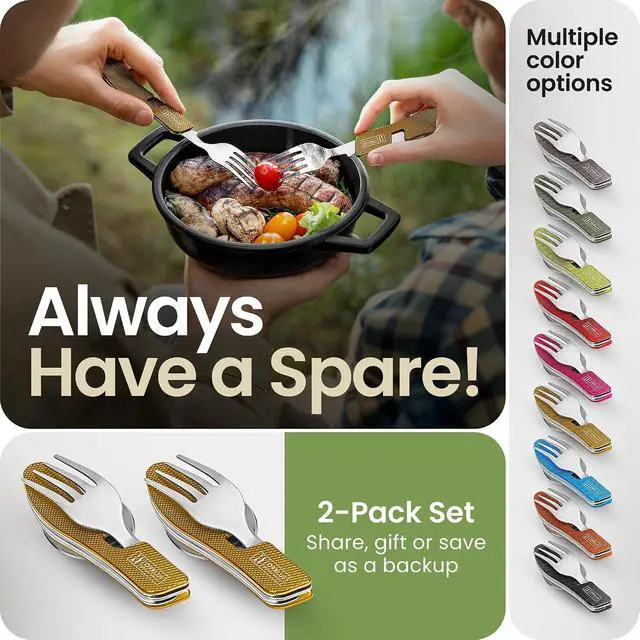 Alt view image 6 of 7 - Orblue 4-in-1 Camping Eating Utensils, 2-Pack - Portable Spoon, Fork, Knife & Bottle Opener Combo Set - Stainless Steel Flatware with Detachable Fork - Travel, Backpacking Cutlery Multitool, Yellow
