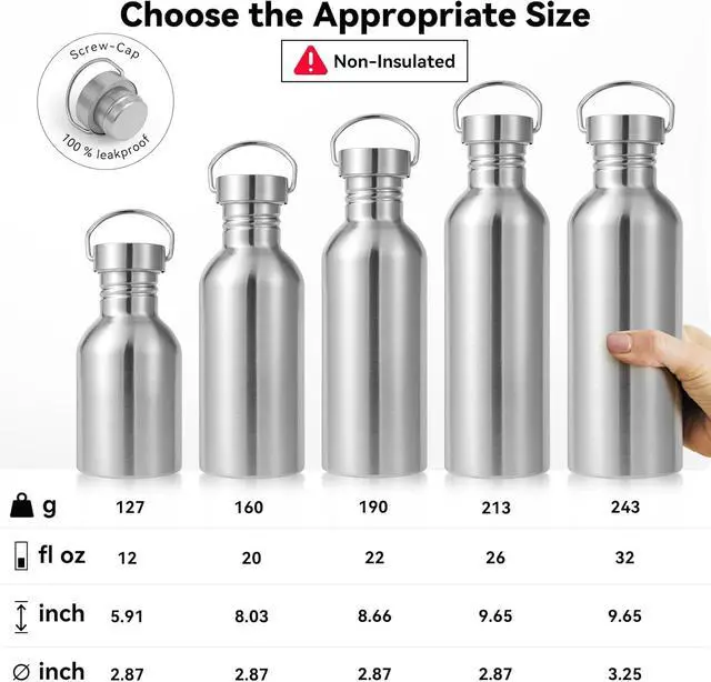 Alt view image 2 of 7 - Volhoply 12oz Uninsulated Single Walled Small Water Bottle, Stainless Steel Reusable Mini Water Bottles with Handle, BPA Free & Plastic Free 18/8 304 Metal Water Bottles for Camping, Hikers