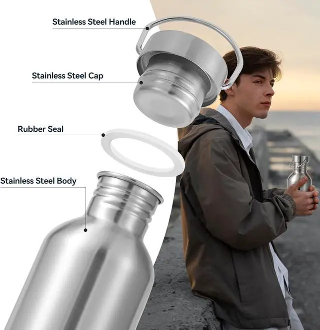 Alt view image 5 of 7 - Volhoply 12oz Uninsulated Single Walled Small Water Bottle, Stainless Steel Reusable Mini Water Bottles with Handle, BPA Free & Plastic Free 18/8 304 Metal Water Bottles for Camping, Hikers