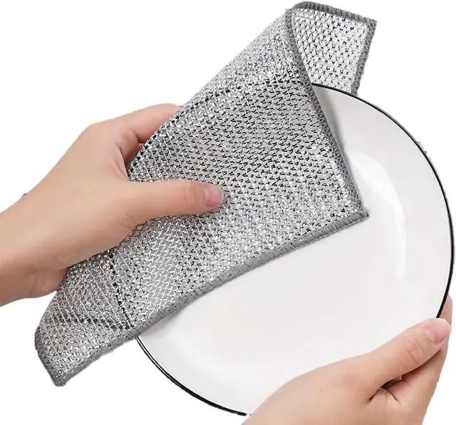Main image of Metal Mesh Cleaning Cloths, 10-Pack 7.9" Dual-Layer Scrubbers | Steel wire & chemical fibers, non-scratch, 2-layer, 7.9" x 7.9", for dishes, cookware, stovetops, sinks, reusable