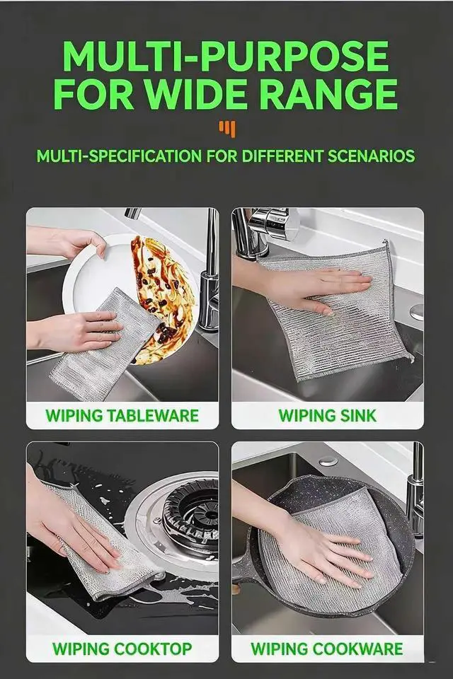 Alt view image 7 of 7 - Metal Mesh Cleaning Cloths, 10-Pack 7.9" Dual-Layer Scrubbers | Steel wire & chemical fibers, non-scratch, 2-layer, 7.9" x 7.9", for dishes, cookware, stovetops, sinks, reusable