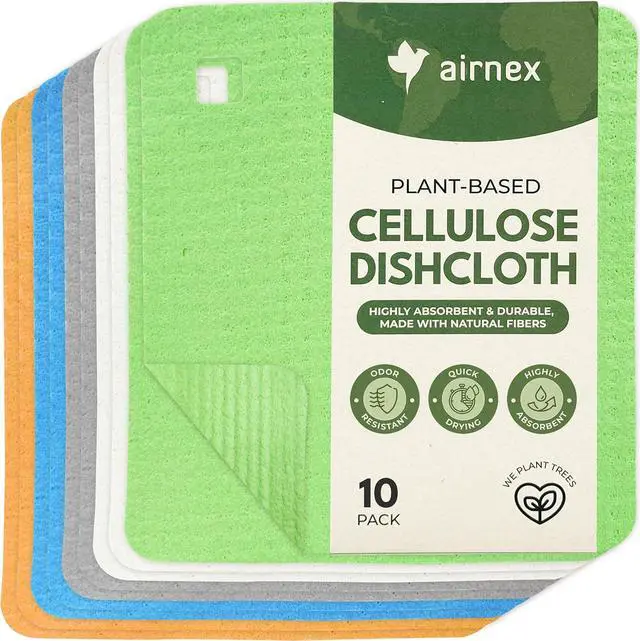 Main image of AIRNEX 10 Pack Cellulose Swedish Dishcloths for Kitchen - Eco-Conscious Reusable Dish Towels & Cloths - Super Absorbent, Odor Resistant and Fast Drying Wash Cloths for Dishes & Surfaces