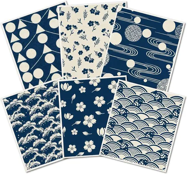 Main image of 6PCS 6 Styles Blue Swedish Dish Cloths Bulk Flowers Japanese Pattern Reusable Dish Towels Quick Drying Absorbent Decorative Kitchen Sponge Cleaning Cloths for Home Countertop Bathroom Use