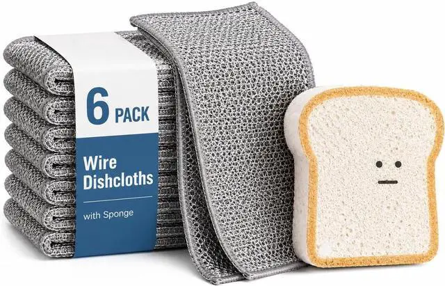 Main image of Non Scratch Wire Dishcloths 6 Pack with Kitchen Sponge | 6 wire dishcloths plus 1 sponge for dishes, pots, pans, sinks, stovetops, counters, and daily kitchen cleaning.