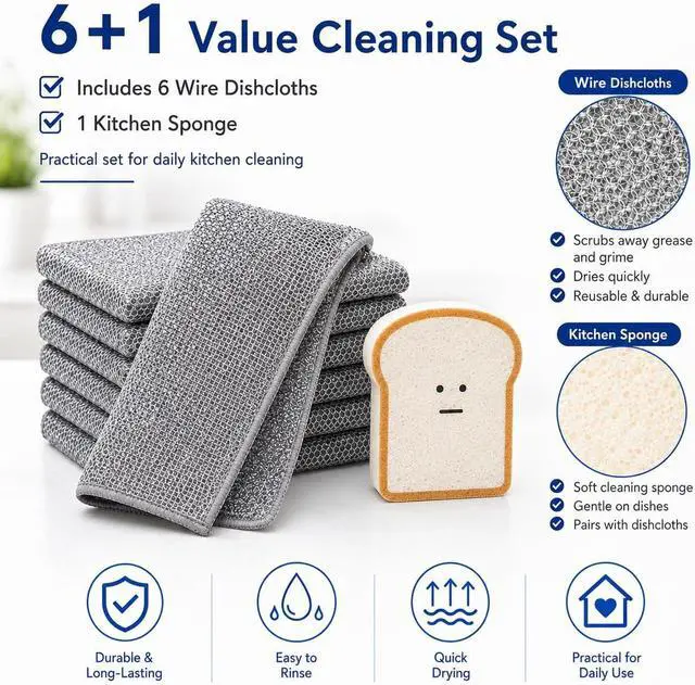 Alt view image 2 of 7 - Non Scratch Wire Dishcloths 6 Pack with Kitchen Sponge | 6 wire dishcloths plus 1 sponge for dishes, pots, pans, sinks, stovetops, counters, and daily kitchen cleaning.