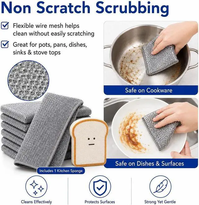 Alt view image 3 of 7 - Non Scratch Wire Dishcloths 6 Pack with Kitchen Sponge | 6 wire dishcloths plus 1 sponge for dishes, pots, pans, sinks, stovetops, counters, and daily kitchen cleaning.