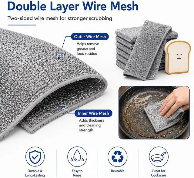 Alt view image 4 of 7 - Non Scratch Wire Dishcloths 6 Pack with Kitchen Sponge | 6 wire dishcloths plus 1 sponge for dishes, pots, pans, sinks, stovetops, counters, and daily kitchen cleaning.