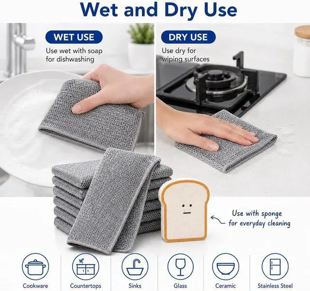 Alt view image 5 of 7 - Non Scratch Wire Dishcloths 6 Pack with Kitchen Sponge | 6 wire dishcloths plus 1 sponge for dishes, pots, pans, sinks, stovetops, counters, and daily kitchen cleaning.