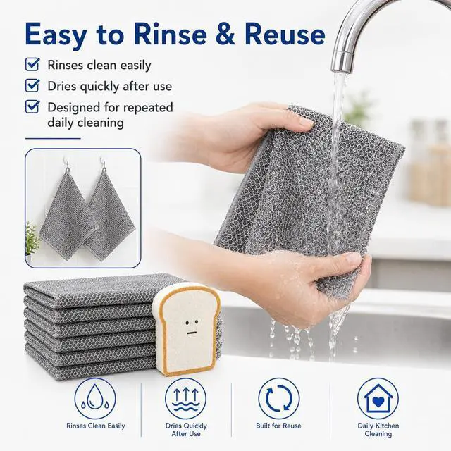 Alt view image 6 of 7 - Non Scratch Wire Dishcloths 6 Pack with Kitchen Sponge | 6 wire dishcloths plus 1 sponge for dishes, pots, pans, sinks, stovetops, counters, and daily kitchen cleaning.