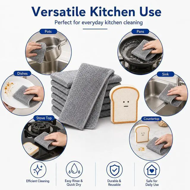 Alt view image 7 of 7 - Non Scratch Wire Dishcloths 6 Pack with Kitchen Sponge | 6 wire dishcloths plus 1 sponge for dishes, pots, pans, sinks, stovetops, counters, and daily kitchen cleaning.