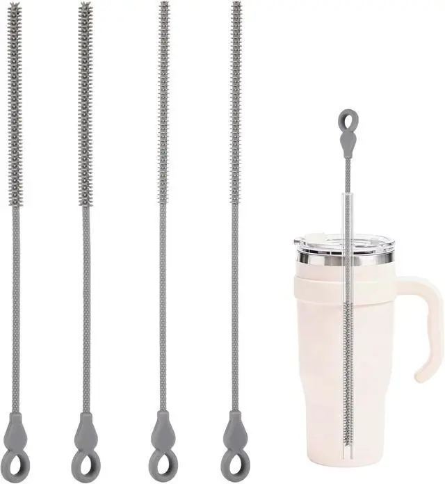 Main image of Silicone Straw Cleaner Brush, 4Pcs Reusable Straw Brush Set with Extra-Long Design for Cleaning Thin Metal Straws and Wider Milkshake Straws 6mm+9mm Gray)