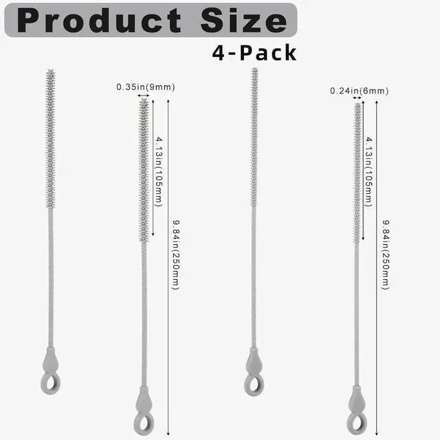 Alt view image 6 of 7 - Silicone Straw Cleaner Brush, 4Pcs Reusable Straw Brush Set with Extra-Long Design for Cleaning Thin Metal Straws and Wider Milkshake Straws 6mm+9mm Gray)