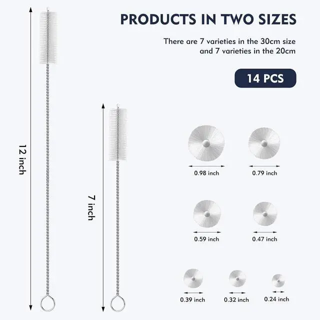 Alt view image 2 of 7 - 14 Pack Straw Cleaner Brush Set, 8 Inch and 12 Inch Multi-Size Flexible Nylon Cleaning Brushes, Rust-Proof Stainless Steel for Tumbler Cup, Sippy Cup, Water Bottle and Pipe