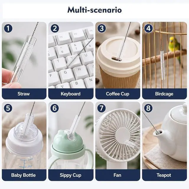 Alt view image 6 of 7 - 14 Pack Straw Cleaner Brush Set, 8 Inch and 12 Inch Multi-Size Flexible Nylon Cleaning Brushes, Rust-Proof Stainless Steel for Tumbler Cup, Sippy Cup, Water Bottle and Pipe