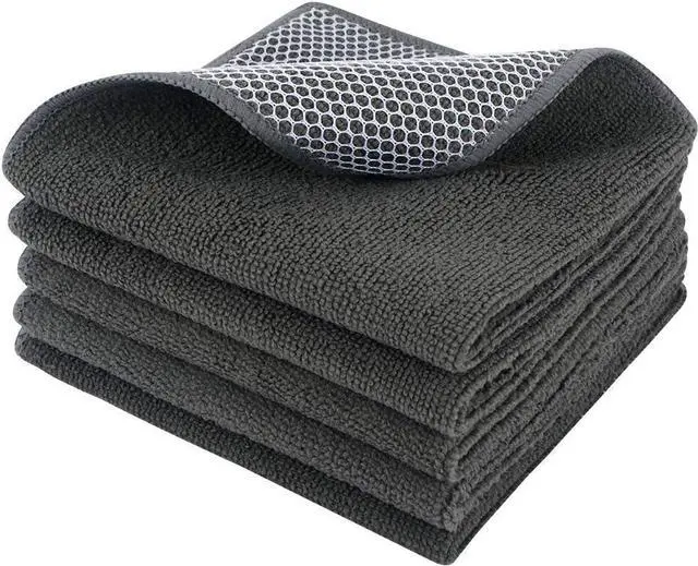 Main image of SINLAND Dish Cloth for Washing Dishes Kitchen Washcloth Cleaning Cloth | 12x12inch 5pack Kitchen Towels Rags, Microfiber Cleaning Cloths, Wash Cloths with Poly Scour Side, Wholesale, Dark Grey
