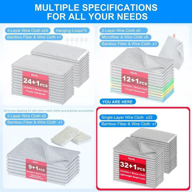 Alt view image 6 of 6 - Non Scratch Wire Dishcloth, Metallic Fiber Cleaning Cloths - 32+1 Pcs Super Value Pack Single-Layer, for Dishes, Sinks & Pans (7.87x7.87 Inches)
