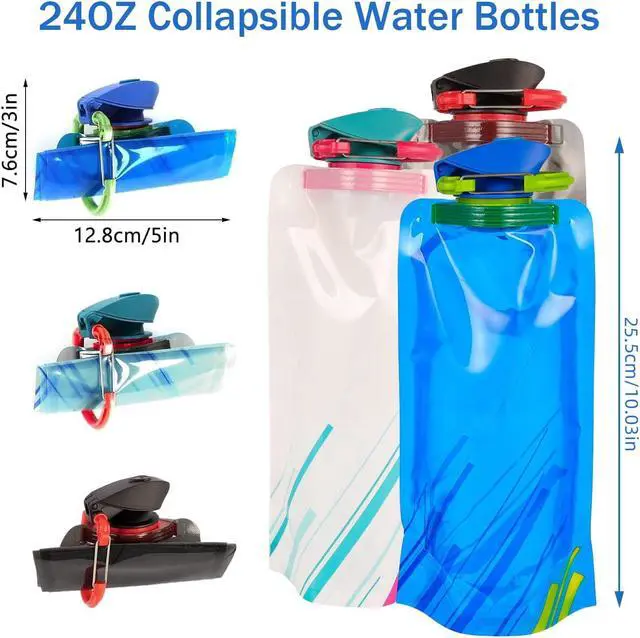 Alt view image 4 of 7 - Collapsible Water Bottles for Travel 23oz Foldable Water Bottle with Carabiner,Leakproof BPA-Free Water Jup, Portable Reusable Water Bottle for Hiking,Sports,Camping,Biking (3)