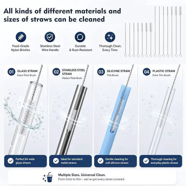 Alt view image 4 of 7 - 14 Pack Straw Cleaner Brush Set, 8 Inch and 12 Inch Multi-Size Flexible Nylon Cleaning Brushes, Rust-Proof Stainless Steel for Tumbler Cup, Sippy Cup, Water Bottle and Pipe
