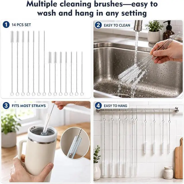 Alt view image 5 of 7 - 14 Pack Straw Cleaner Brush Set, 8 Inch and 12 Inch Multi-Size Flexible Nylon Cleaning Brushes, Rust-Proof Stainless Steel for Tumbler Cup, Sippy Cup, Water Bottle and Pipe