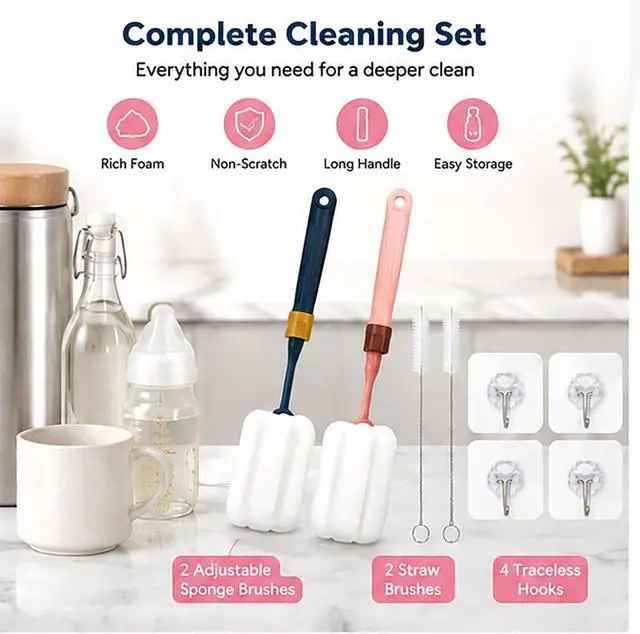 Alt view image 5 of 6 - 2-Pack Adjustable 12.9" Sponge Bottle Brushes Cleaning Set | High Density Foam Bottle Brush Head Hanging Design with 4 Traceless Hooks Bottle Brush Cleaner for Water Bottle