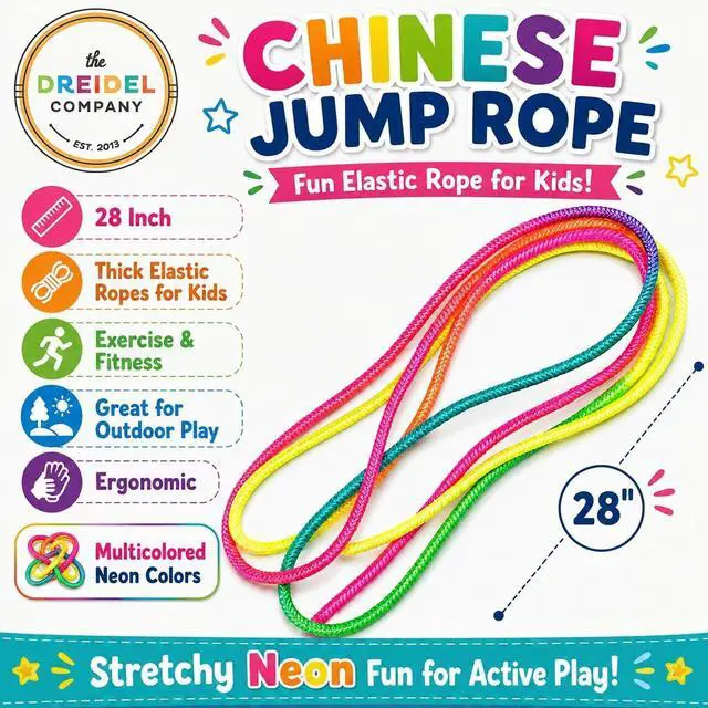 Alt view image 3 of 7 - The Dreidel Company Chinese Jump Rope (2-Pack), 28 Inch, Thick Elastic Ropes Kids Fitness, Great for Outdoor Play