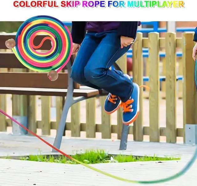 Alt view image 6 of 7 - Long Jump Rope for Kids 16 FT Adjustable Skipping Rope Multiplayer Rainbow Jumping Rope with Wooden Ball Handle for School and Outdoor Activities