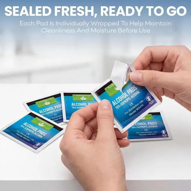 Alt view image 2 of 7 - Alcohol Wipes for Injections - 100 Sterile Alcohol Prep Pads, Large Swabs | 70% Isopropyl, Individually Wrapped, Rubbing Alcohol Pads for First Aid, Nails, Medical Use, Antiseptic Skin Cleaning