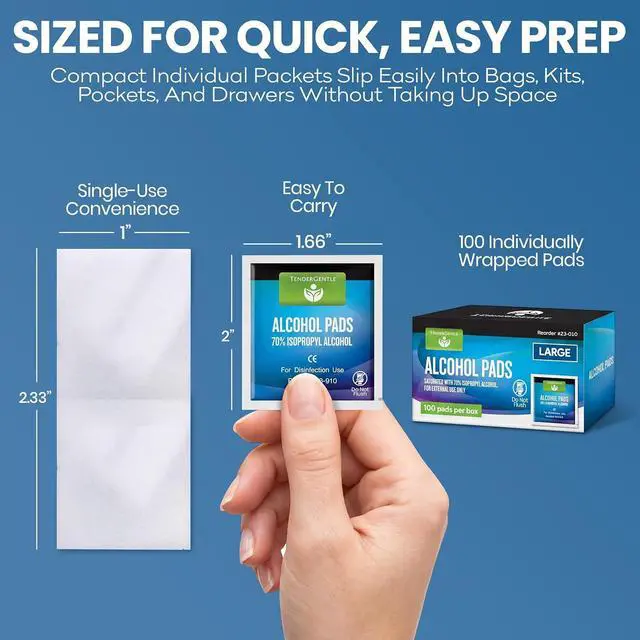Alt view image 3 of 7 - Alcohol Wipes for Injections - 100 Sterile Alcohol Prep Pads, Large Swabs | 70% Isopropyl, Individually Wrapped, Rubbing Alcohol Pads for First Aid, Nails, Medical Use, Antiseptic Skin Cleaning