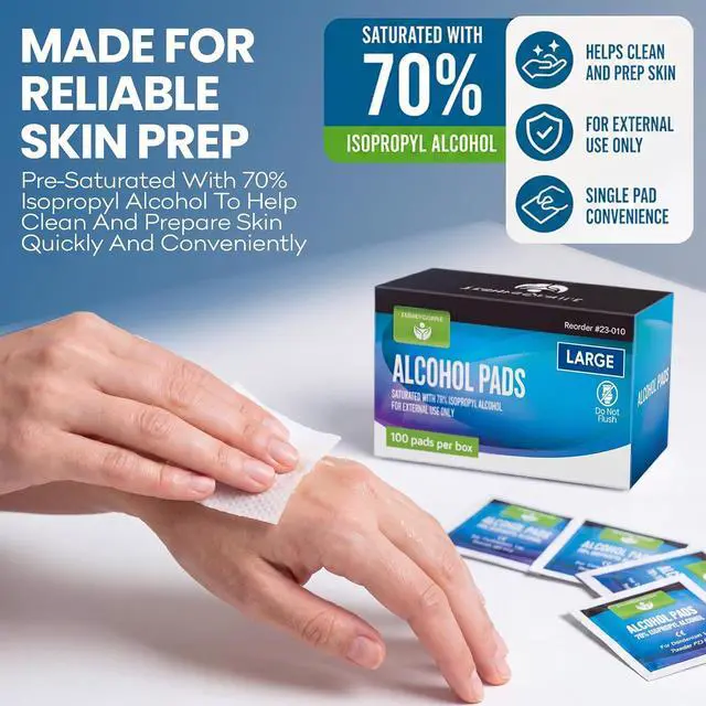 Alt view image 4 of 7 - Alcohol Wipes for Injections - 100 Sterile Alcohol Prep Pads, Large Swabs | 70% Isopropyl, Individually Wrapped, Rubbing Alcohol Pads for First Aid, Nails, Medical Use, Antiseptic Skin Cleaning
