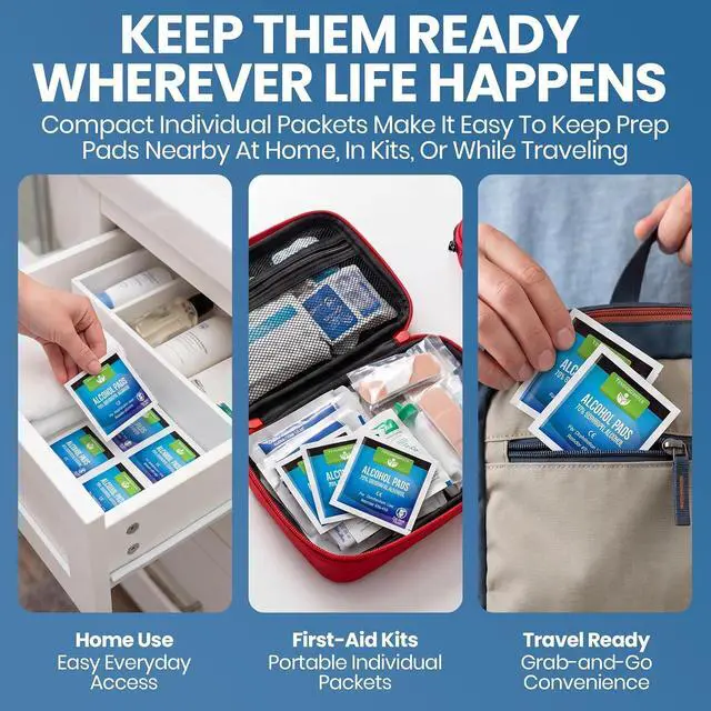 Alt view image 5 of 7 - Alcohol Wipes for Injections - 100 Sterile Alcohol Prep Pads, Large Swabs | 70% Isopropyl, Individually Wrapped, Rubbing Alcohol Pads for First Aid, Nails, Medical Use, Antiseptic Skin Cleaning