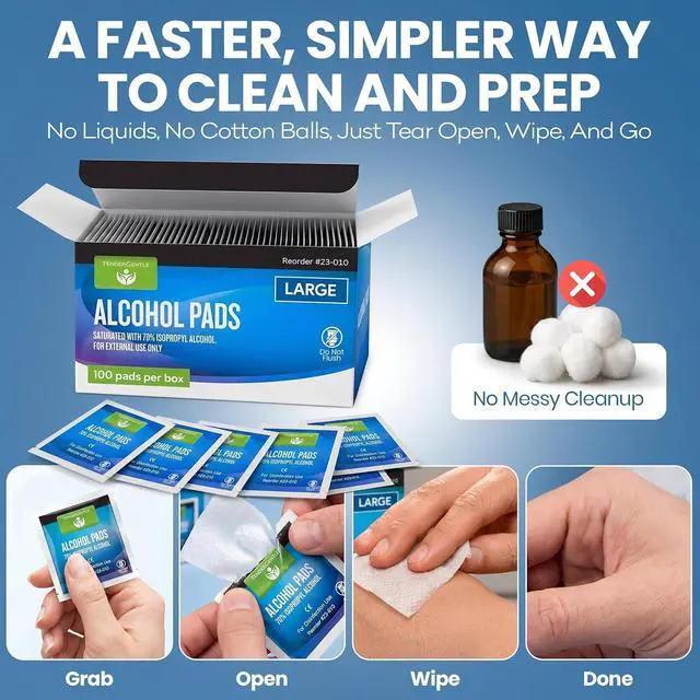 Alt view image 6 of 7 - Alcohol Wipes for Injections - 100 Sterile Alcohol Prep Pads, Large Swabs | 70% Isopropyl, Individually Wrapped, Rubbing Alcohol Pads for First Aid, Nails, Medical Use, Antiseptic Skin Cleaning