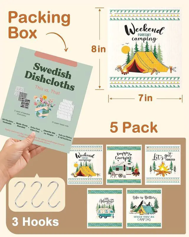 Alt view image 2 of 6 - Miss Adola Swedish Dishcloths for Kitchen with Hooks - Reusable Dish Cloths for Washing Dishes Fast Drying Cute Fun 5 Pack Swedish Dish Towels Washable Cleaning Sponge, Green Camping