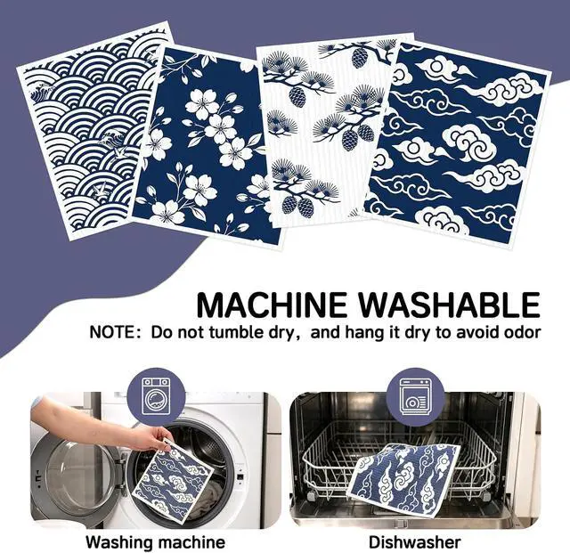 Alt view image 5 of 7 - 4Pcs Swedish Dishcloths, Reusable Paper Towels for Kitchen, Super Absorbent | Washable & No Odor Dish Rags, Japanese Pattern, Non-Scratch Cellulose Sponge Cloths for Washing Dishes, Biodegradable