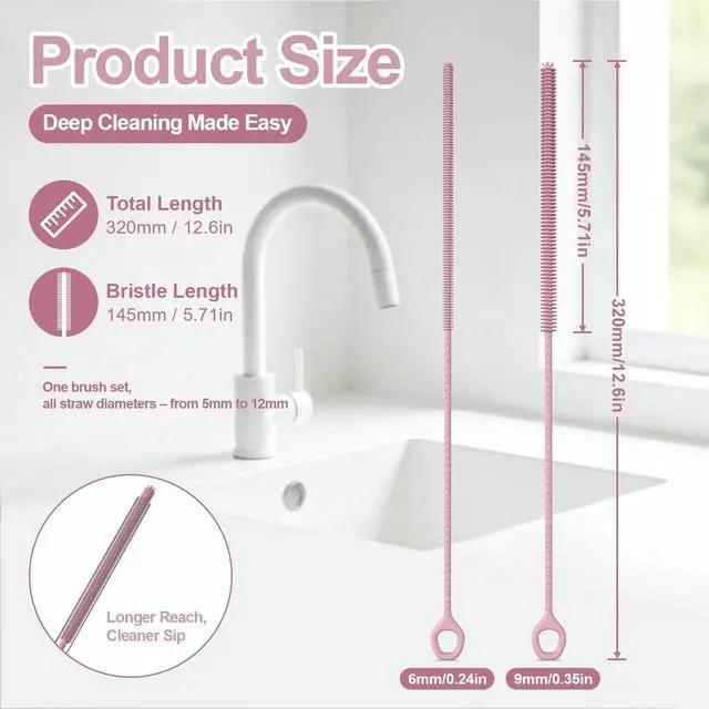 Alt view image 2 of 6 - YOTIME Straw Cleaner Brush Extra Long 12.6 inch, 2Pcs Reusable Silicone Straw Brush for Sippy Cup, Water Bottle and Tubes, 6mm+9mm, Pink