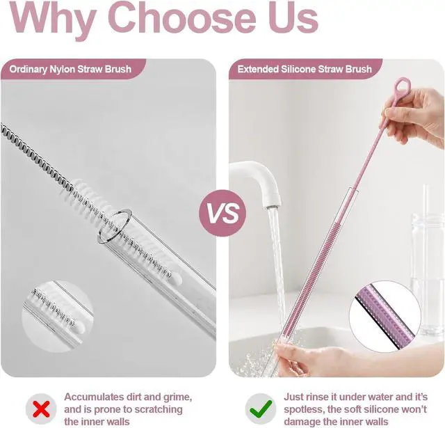 Alt view image 3 of 6 - YOTIME Straw Cleaner Brush Extra Long 12.6 inch, 2Pcs Reusable Silicone Straw Brush for Sippy Cup, Water Bottle and Tubes, 6mm+9mm, Pink