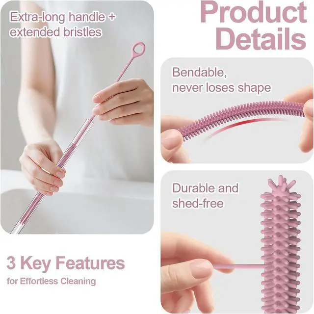 Alt view image 4 of 6 - YOTIME Straw Cleaner Brush Extra Long 12.6 inch, 2Pcs Reusable Silicone Straw Brush for Sippy Cup, Water Bottle and Tubes, 6mm+9mm, Pink
